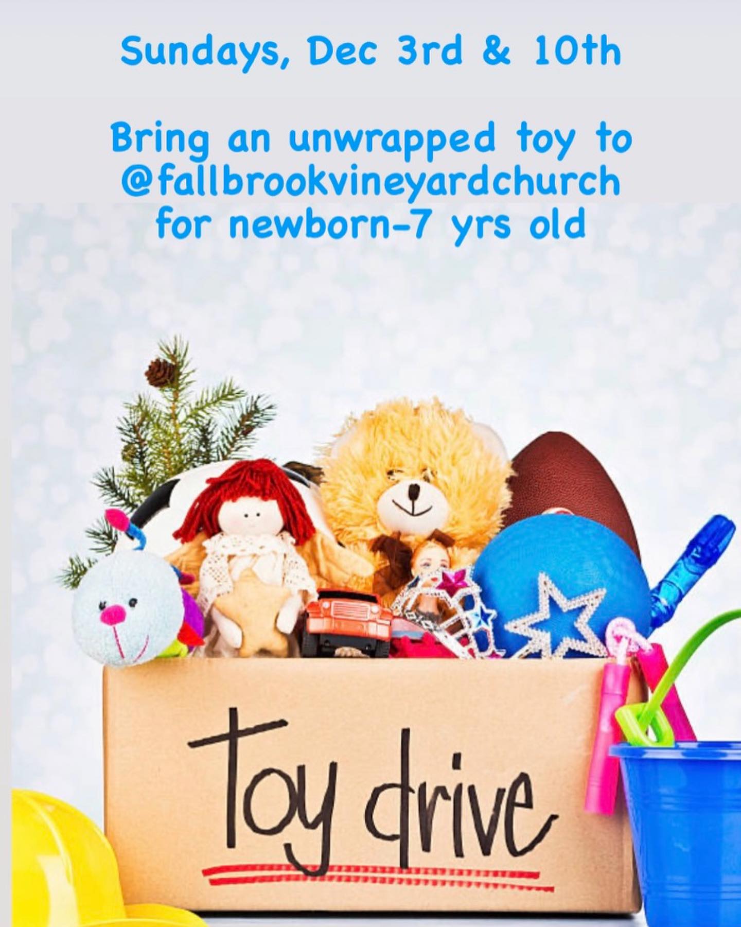 Two opportunities to be a Christmas blessing to our community! @hopeclinicforwomen and @fallbrookfoodpantry lovingly serve our neighbors in need and they are grateful for the continued support of @fallbrookvineyardchurch . Sundays, 12/3 and 12/10, bring unwrapped toys for ages newborn-7 years old. Sundays 12/17 and 12/24, bring Ensure and adult diapers. We love because Christ first loved us ️Thank you @laura.quaid for leading this giving effort.