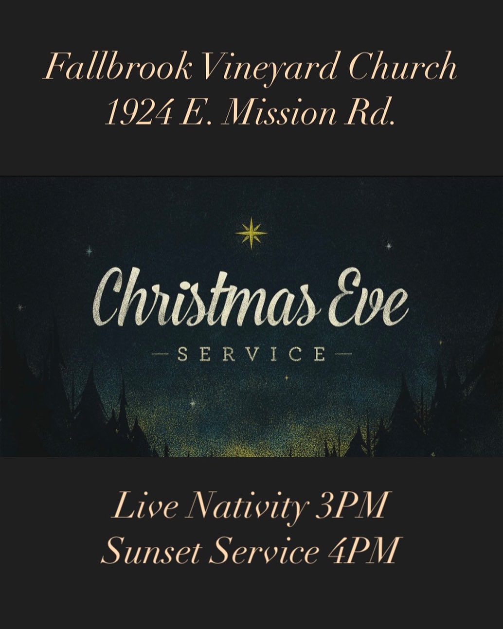 Invite Someone to Christmas Eve at Fallbrook Vineyard Church! Live Nativity 3PMSunset Service 4PM1924 E. Mission RdA unique and memorable evening celebrating the birth of Christ the Lord Weather details to follow but for now, we plan on being outside, so bring your chairs 🤍We can’t wait to celebrate with you! #ocomeletusadorehim#john316#outdoorchristmaseveservice#livenativity