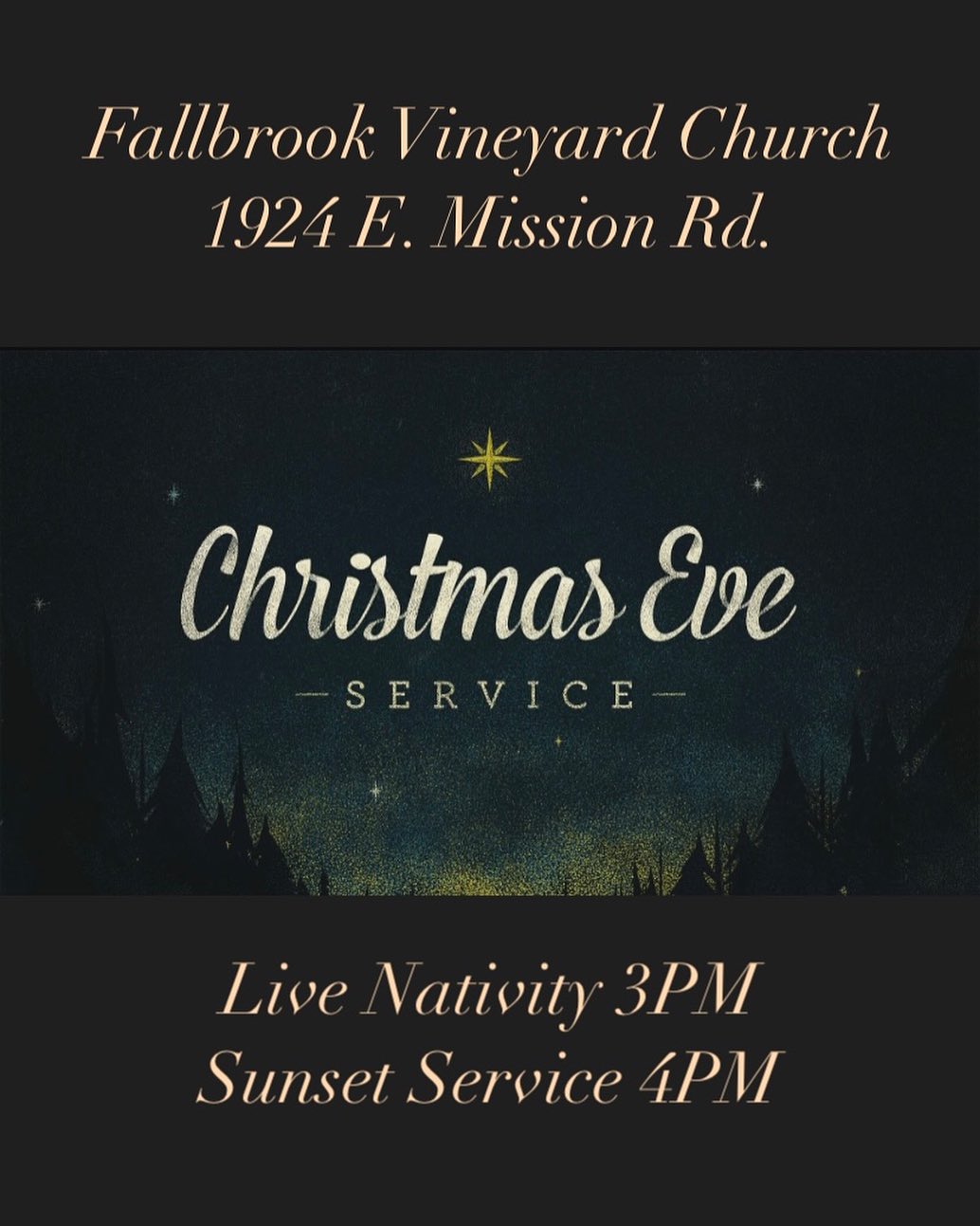 No morning service today. Bring someone THIS AFTERNOON for a memorable Christmas Eve at Fallbrook Vineyard Church! Live nativity at 3PM and sunset [...]
</p>
</body></html>